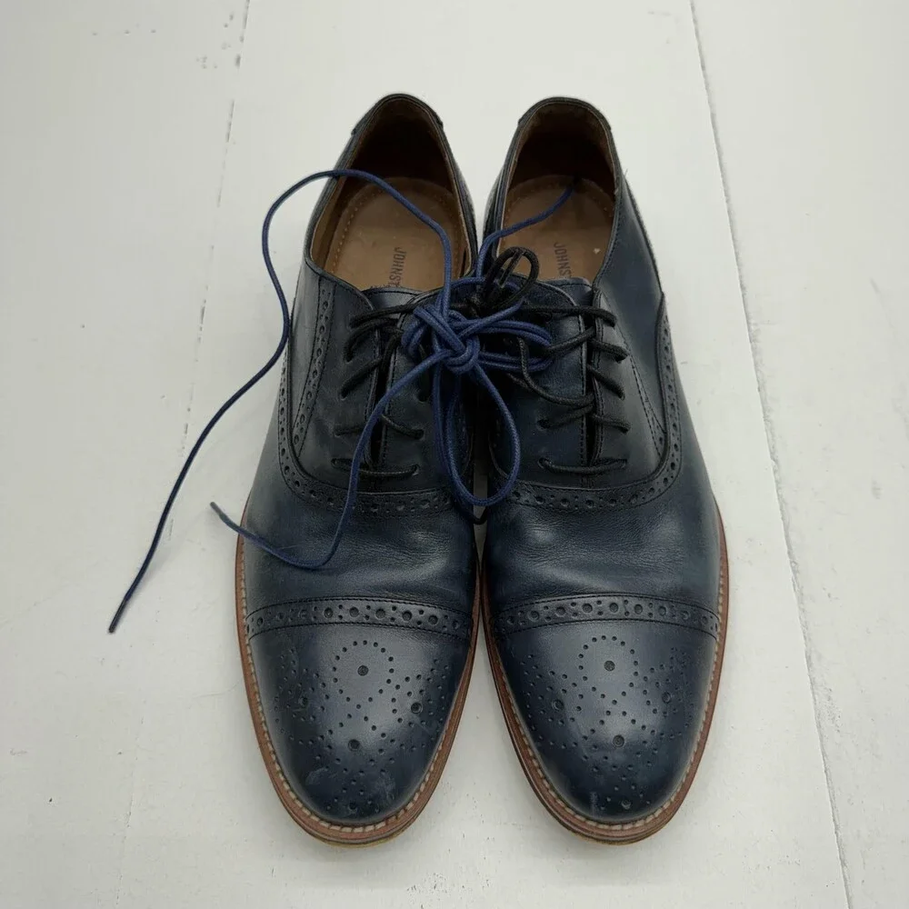 Johnston & Murphy Dress Shoes Mens Size 10.5 Blue Leather Oxford Brogue Cap Toe